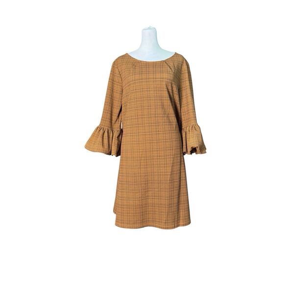 Nina Leonard Womens Brown Houndstooth Bell Sleeve Zip Up Shift Dress Size Medium - Picture 2 of 7
